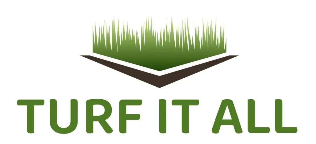 Logo depicting a stylized patch of green grass above a brown chevron, with the text "turf it all" below in green.