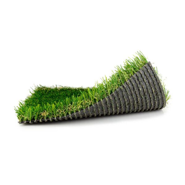 Roll of artificial turf on a white background.