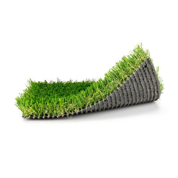 An artificial grass mat on a white background