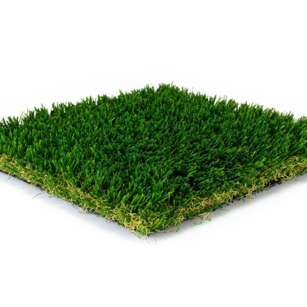 A square of artificial grass on a white background