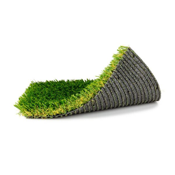 Artificial grass turf samples arranged in a fan shape on a white background.